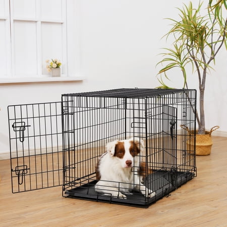 VIBRANT LIFE WIRE DOG CRATE, DOUBLE-DOOR, DIVIDER AND LEAK-PROOF TRAY, METAL, FOLDABLE, DURABLE, BLACK, 36 IN