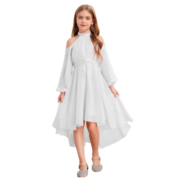 Zaldita Girls Halter Off Shoulder Wedding Party High Low Flower Dress Ruffle Long Sleeve Kids Ball Gown Ivory 6