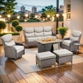 thumbnail image 2 of PARKWELL 7 Pieces Outdoor Patio High Back Furniture Set with Fire Pit Table, Luxury 6" Thick Conversation Set with Swivel Glider Chairs,Wicker Seating Set for Deck, Backyard,Brown/Beige, 2 of 13