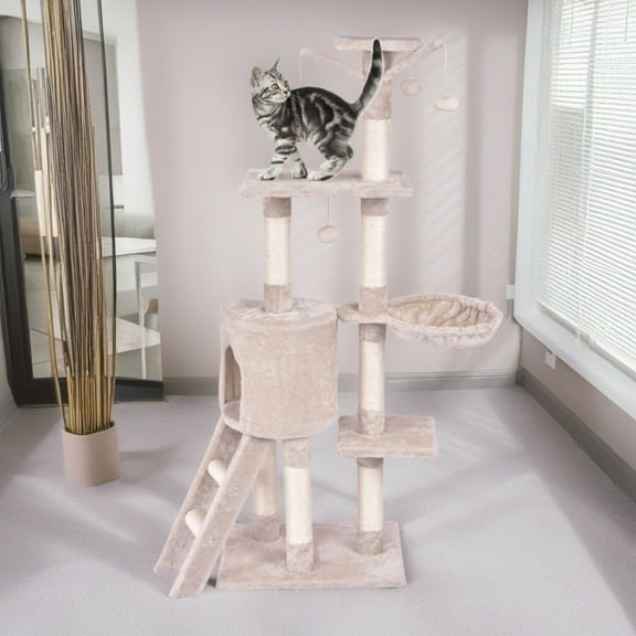 Pefilos 56" Cat Tree Tower for Indoor Cats with Ladder, Scratching Posts Cat Condo for Multiple Cats Jump Platform Cat Furniture Activity Center, Beige