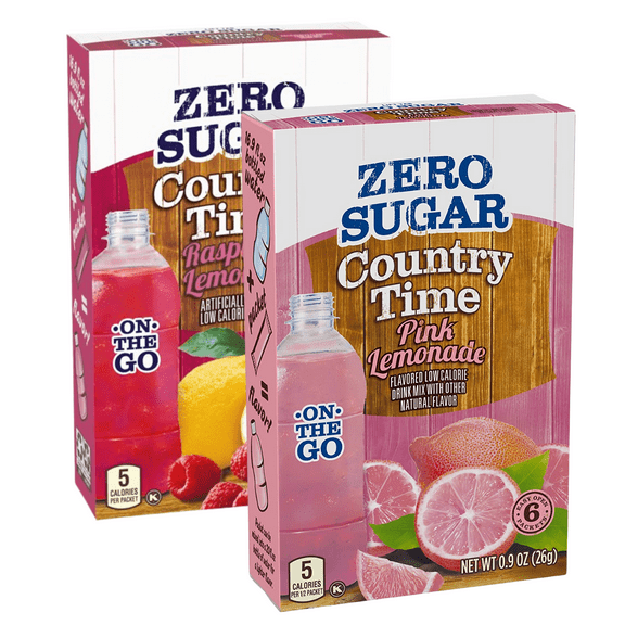Country Time 1 Pink Lemonade and 1 Raspberry Lemonade On-The-Go Powdered Drink Mix Zero Sugar Low-Calorie Water Enhancer Easy to Prepare Citrusy Beverages 6ct each Box 2 Pack Total of 12 Servings