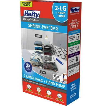 Hefty Shrink-Pak 2 Large Vacuum Compression Bags, with 1 Hand Pump, Closet Organizer, Adults and Tweens.