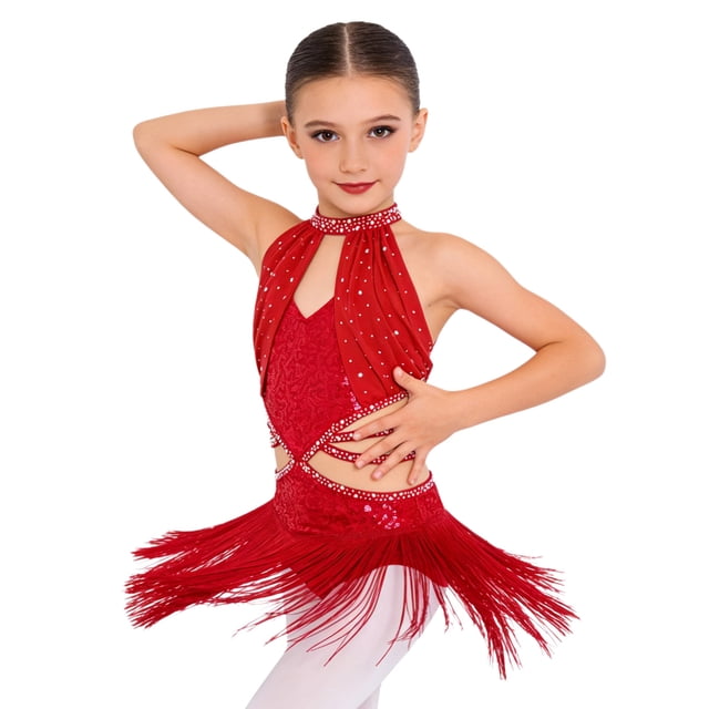 dPois Robe de Danse Latine Rumba Samba à Franges pour Filles, Taille Découpée, Paillettes, Tenue de Danse de Salon, Justaucorps à Jupe de Ballet, Rouge 12