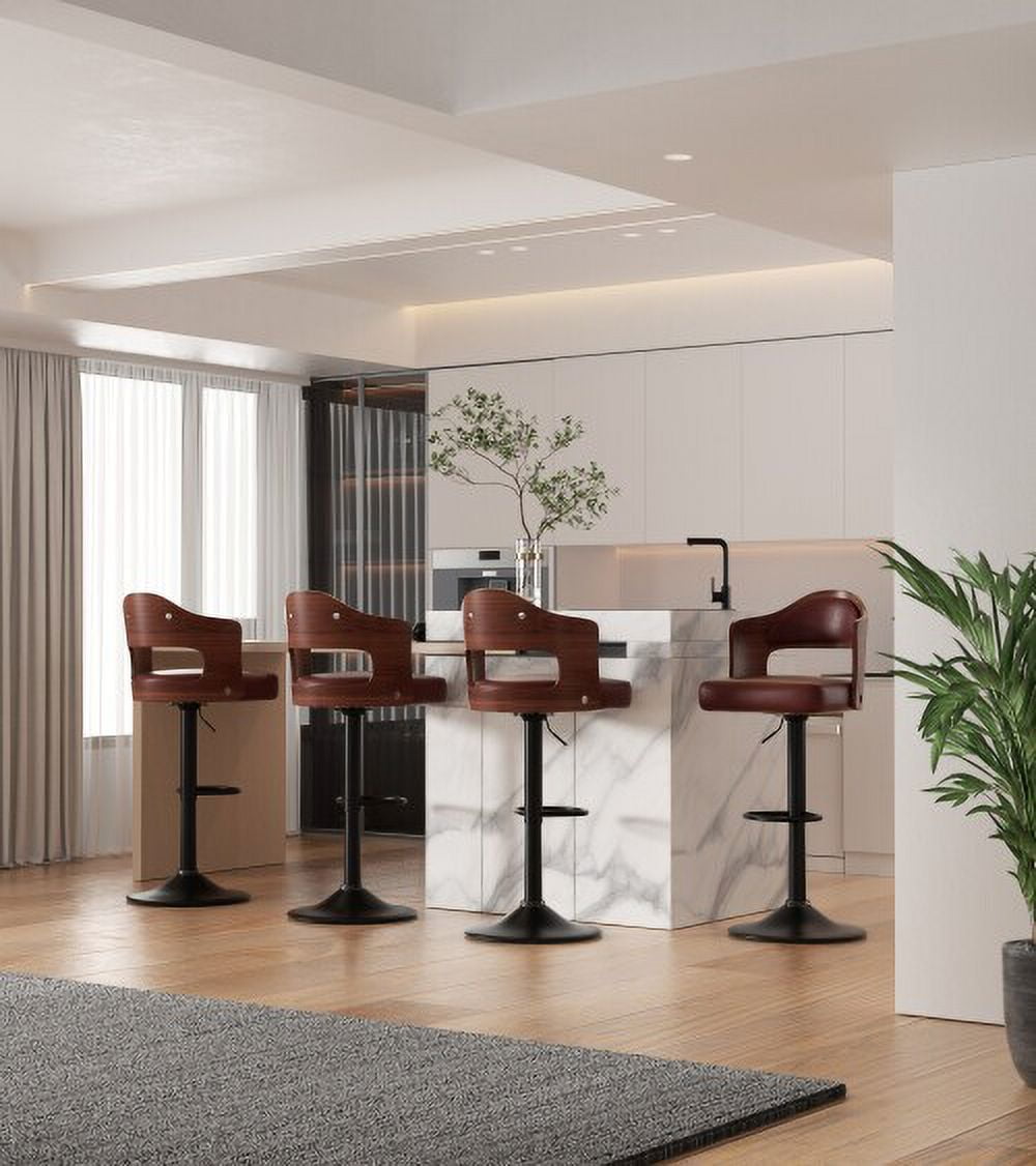 Hawsaiy Wooden Bar Stools Set of 4, Adjustable Height 24.5-33.5IN, Wooden Bar Chairs with PU Leather Upholstery, Back & Footrest for Kitchen, Dining, and Home Bar