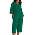 thumbnail image 2 of Mifsaly Plus Size Linen Sets for Women 2 Piece Casual Travel Matching Outfits 3/4 Sleeve Oversized Pullover Shirts Loose Wide Leg Capris Pants with Pockets Beach Work Loungewear, 2 of 5