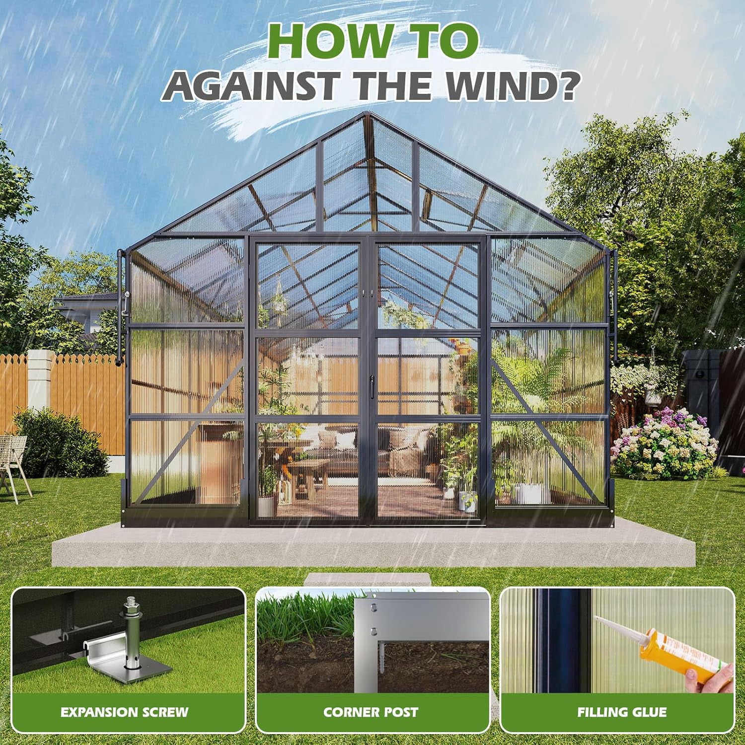 Jocisland 10x14 ft Polycarbonate Greenhouse with Rain Gutter & 4 Roof Vents, Heavy Duty Aluminum Greenhouse for Outdoor Garden Backyard, Black