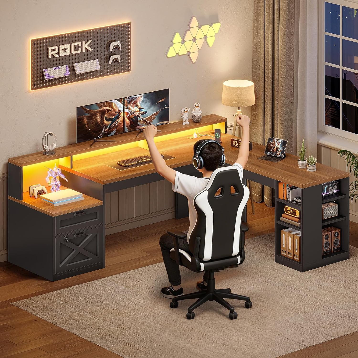 SEDETA L Shaped Desk with 2 Drawers, 65"x 59" Large Home Office Desk with Lockable File Drawer & Power Strip, Corner Desk with Storage & LED Strip, Black + Brown
