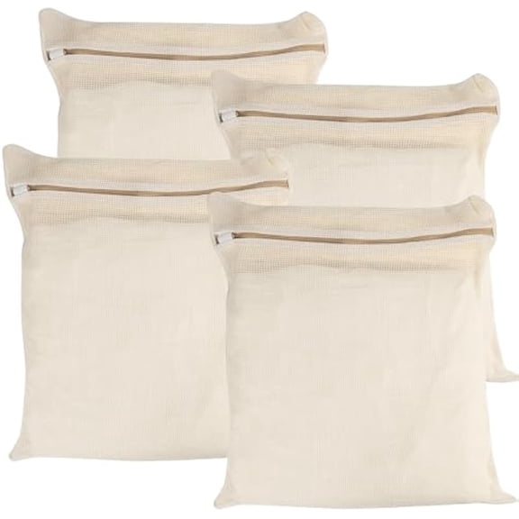 4 PCS Cotton Mesh Laundry Bags, Delicate Wash Bags with Hidden Zipper Protector, Reusable Breathable Laundry Net for Underwear Socks Pants Clothes, Travel Storage Pouches
