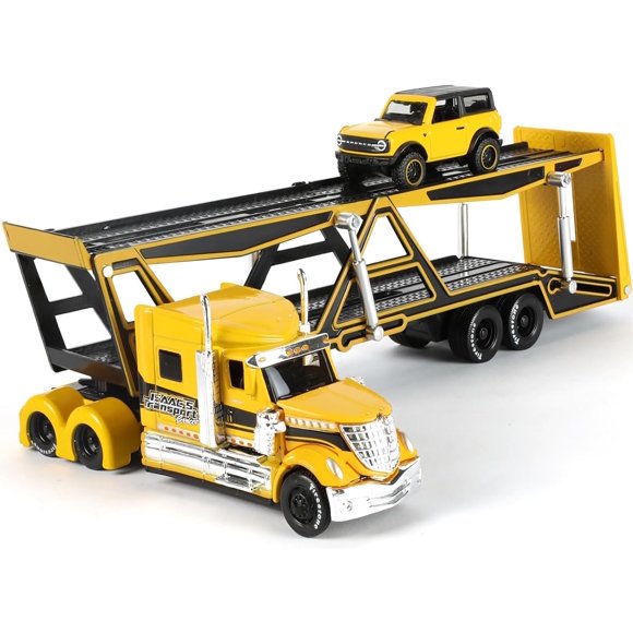 Nuotie Toy Semi Truck Trailer with Car Model Kit, Big 1/50 for International Lonestar Metal Diecast Car Transport Truck Tractor Toys Gifts for Boys Adult Collector -Yellow