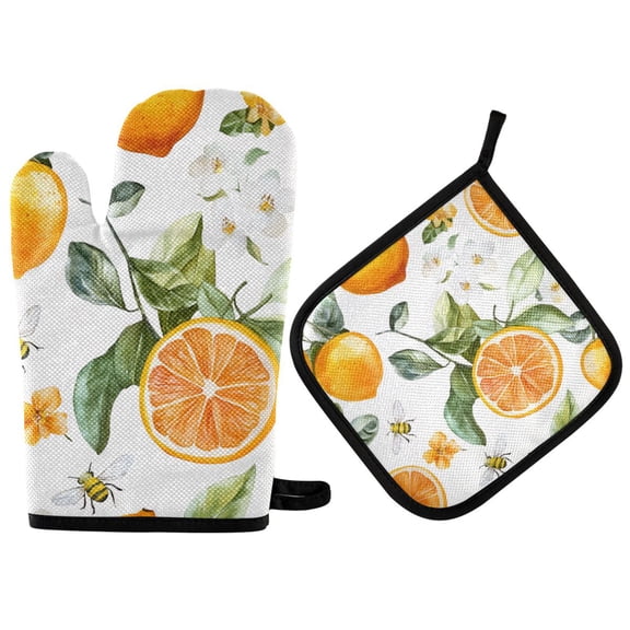 Yayeee Oven Mitts and Pot Holder Set of 2 Heat Resistant Kitchen Gloves Baking Hot Pad, Orange Watercolor Bees