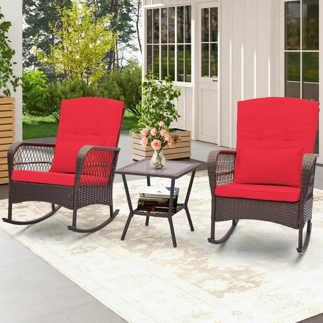 Costway Ensemble de 3 Pcs pour Patio, Fauteuils Berçants d'Extérieur en Osier avec Table Basse à Double Couche, Rouge
