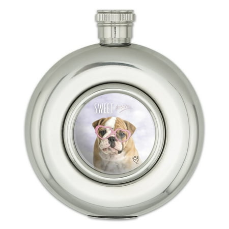 

British Bulldog Puppy Dog Sweet Dreams Glasses Round Stainless Steel 5oz Hip Drink Flask