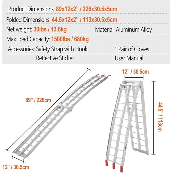 Qinaqin 2Pcs Aluminum Ramps 1500 Lbs Folding Loading para Pickup Trucks Cama Trailers Ramp con Load Straps UTV cm de Profundidadirt Bike ATV Lawn Mowers