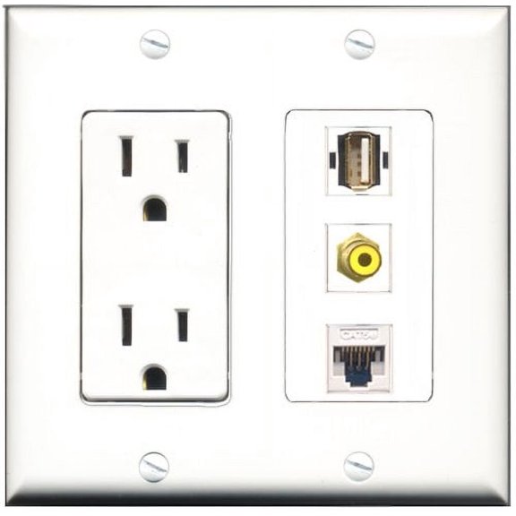 RiteAV - 15 Amp Power Outlet 1 Port RCA Yellow 1 Port USB A-A 1 Port Cat5e Ethernet White Decorative Wall Plate