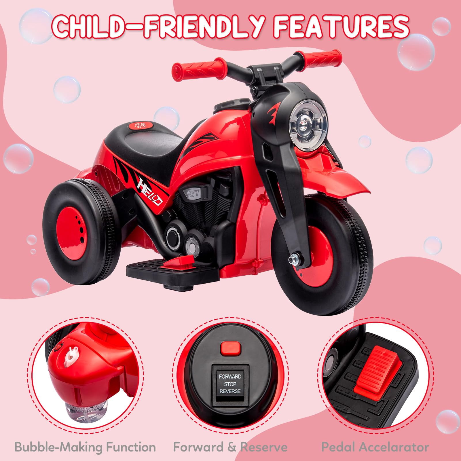 Hetoy 6V Kids Bubble Ride-On Motorcycle – Electric 3-Wheel Toy