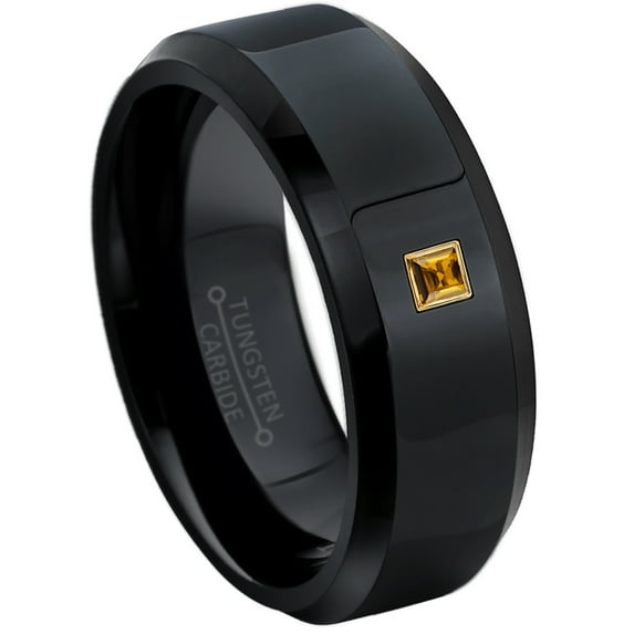 0.05ctw Princess Cut Citrine Tungsten Ring - 8MM Polished Black IP Beveled Edge Tungsten Carbide Wedding Band - November Birthstone Ring - 14kt Yellow Gold Bezel - TN084PSG-1CNs11
