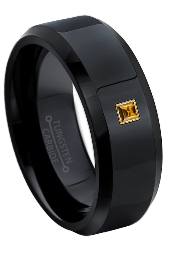 0.05ctw Princess Cut Citrine Tungsten Ring - 8MM Polished Black IP Beveled Edge Tungsten Carbide Wedding Band - November Birthstone Ring - 14kt Yellow Gold Bezel - TN084PSG-1CNs13
