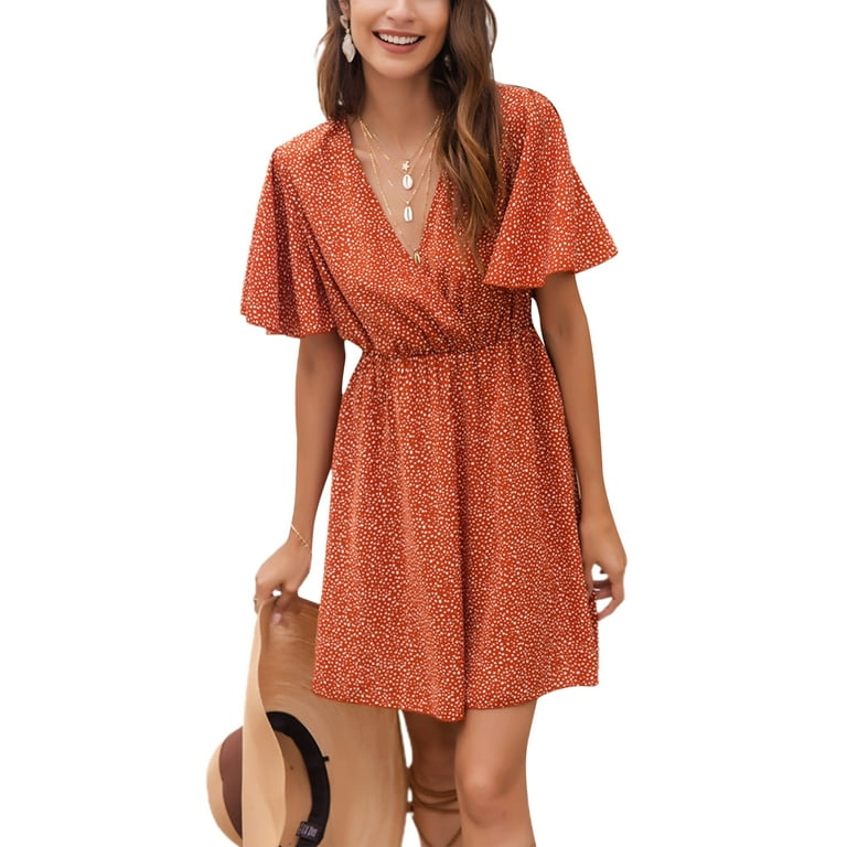 Xingqing Womens Polka Dot Wrap V Neck High Waist Mini Dress Summer Beach Ruffles Hem Short Flowy Dresses Orange XL Walmart