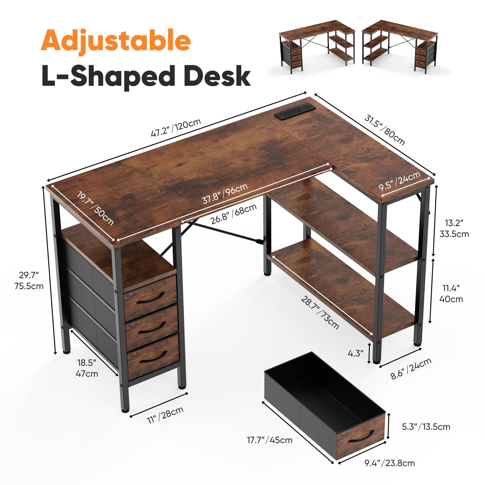 MAYEERTY 47in L-Shaped Gaming Desk, 3 Drawers Monitor Stand USB Port Power Socket, Corner Workstation