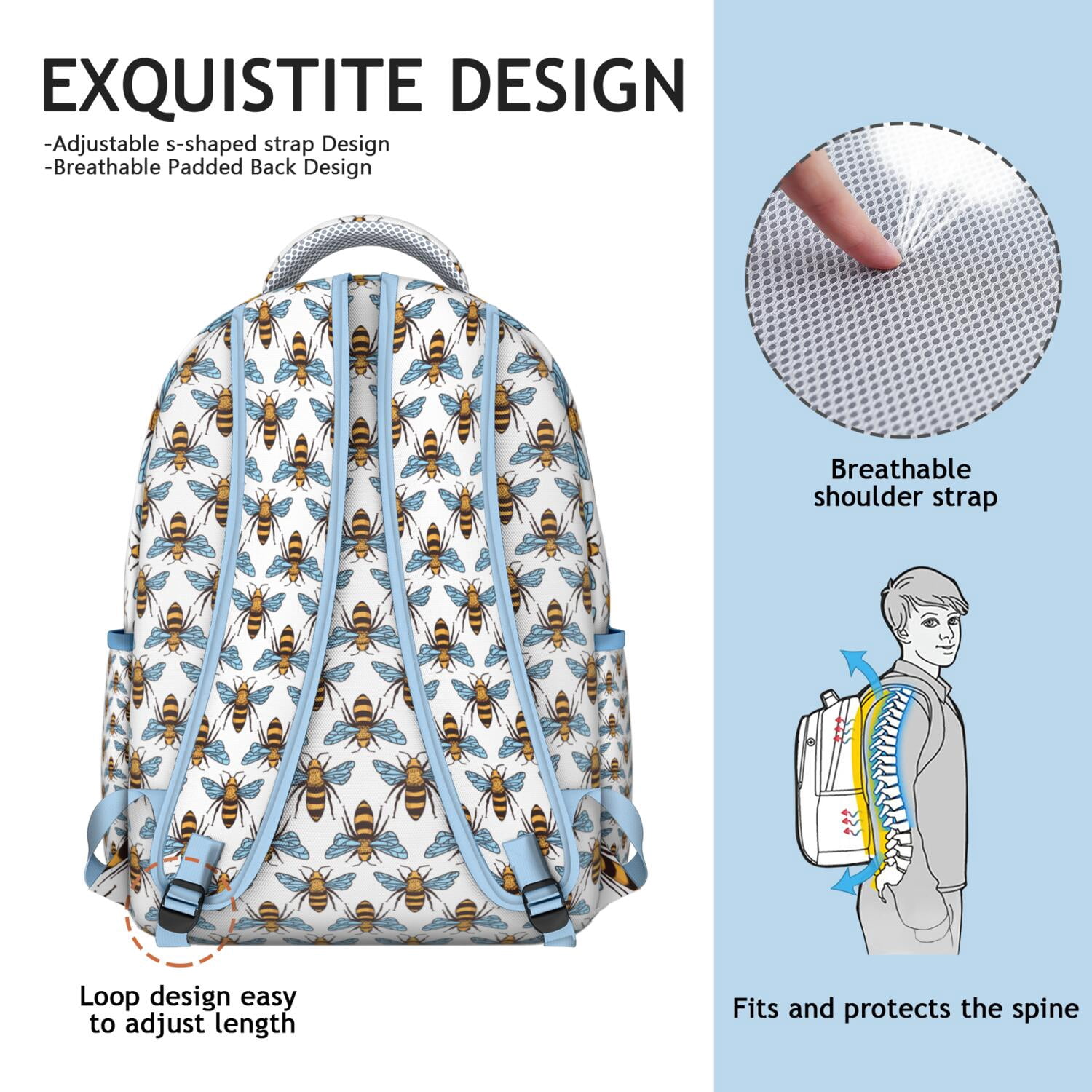 Bees & Daisies Backpack&nbsp;- Fashionable School Bookbag for Girls & Boys, Lightweight Laptop Bag with USB-Free Design, Spacious Interior, Bee Print Gift