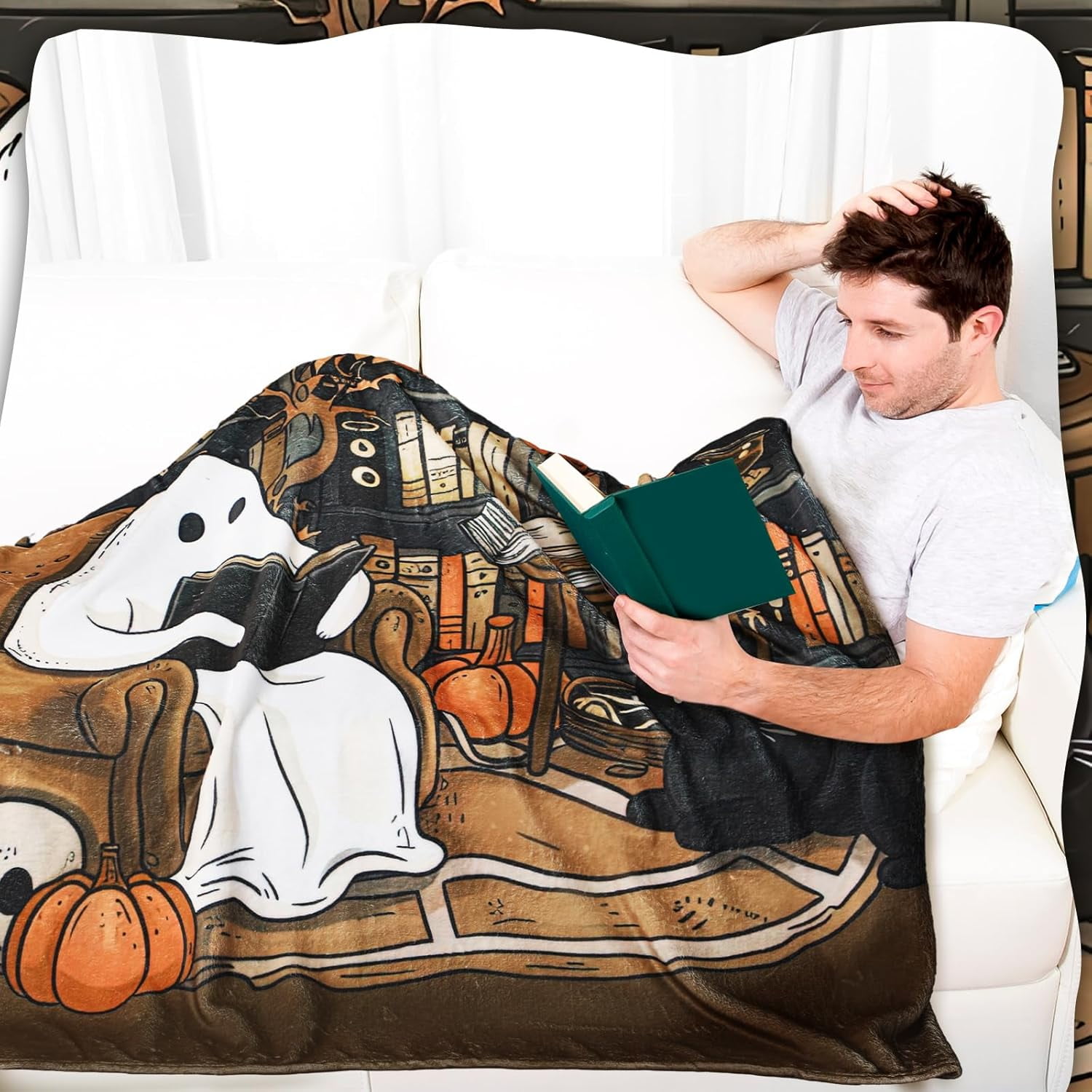 Book Lovers Gifts Throw Blanket 60 x 50 Inch Reader Blankets Christmas Book Club Horror Gifts Basket Stuffers for Women Xmas Bookworm Bookish Librarian Reading Basket(Ghost)