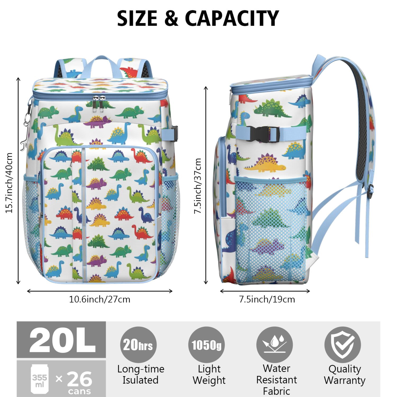 Travel Cooler Bag - Colorful Dinosaurs Pattern Camping Beer Cooler Backpack with Bottle Opener- Waterproof Insulated Picnic Backpacks - Cooler Bag for Beach