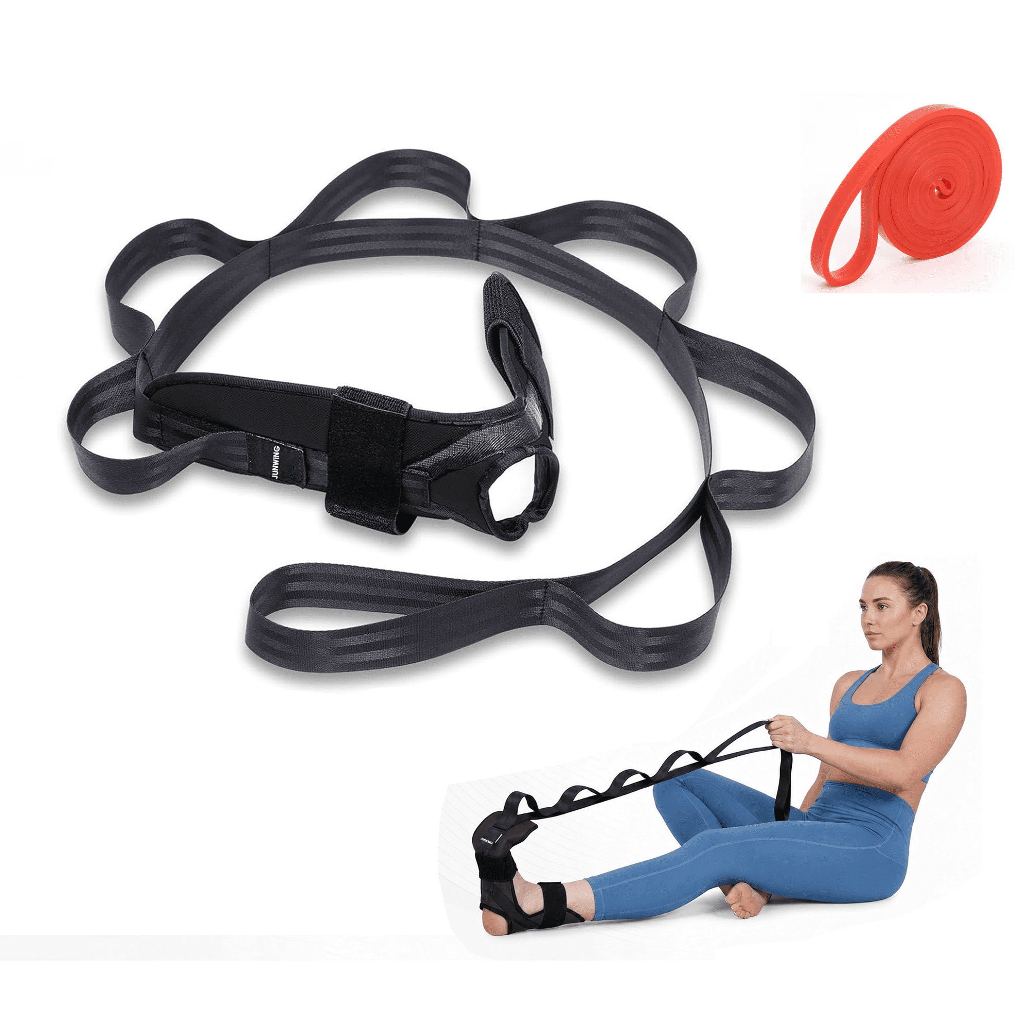 Foot Stretching Strap with Resistance Band for Plantar Fascia, Achilles Tendon and Calf Stretching, Unisex, Black