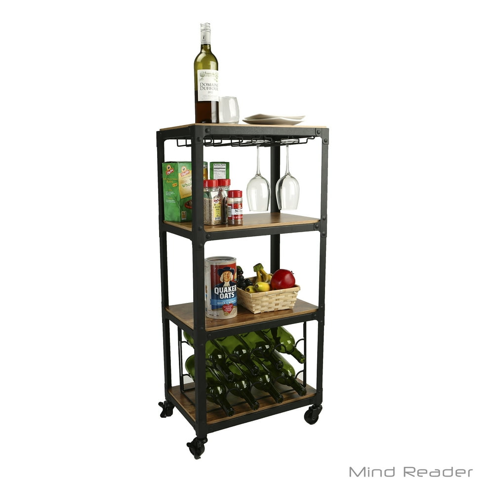Mind Reader 4 Tier Wood and Metal Kitchen Cart with Wine Rack, Black