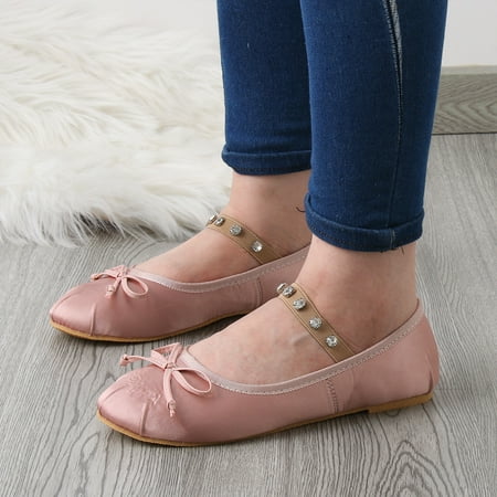 

Women Shoes Fashion Solid Color Cloth Round Toe Bow Flat Rhinestone Shallow Casual Shoes Pink 8.5
