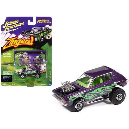 1971 AMC Gremlin Passion Purple Metallic with Green Flames and Interior "Zingers!" Series 1/64 Diecast Model Car by Johnny Lightning