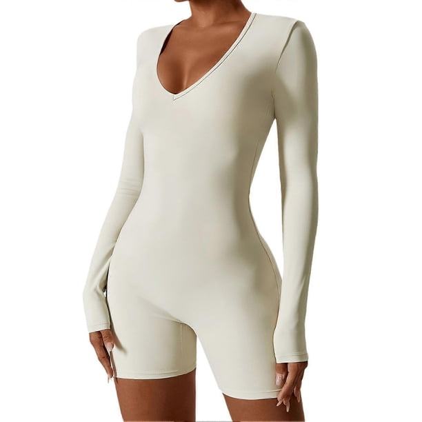 Women's V-Neck Long Sleeve Jumpsuit Short Comfortable Breathable Sports Suit for Workout Cycling