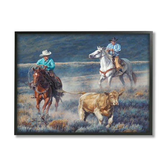 Stupell Industries Cowboys Wrangling Cattle Animals & Insects Painting Black Framed Art Print Wall Art, 14 x 11