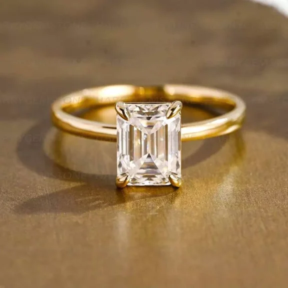 2Ct Emerald Cut Real Moissanite Women's Engagement Wedding Ring 14K Yellow Gold Plated