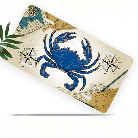 License Plate, Nautical Blue Crab Decorative Front,Personalized Stainless Steel License Plate Cover For Men Women,12.2" X 6.2"