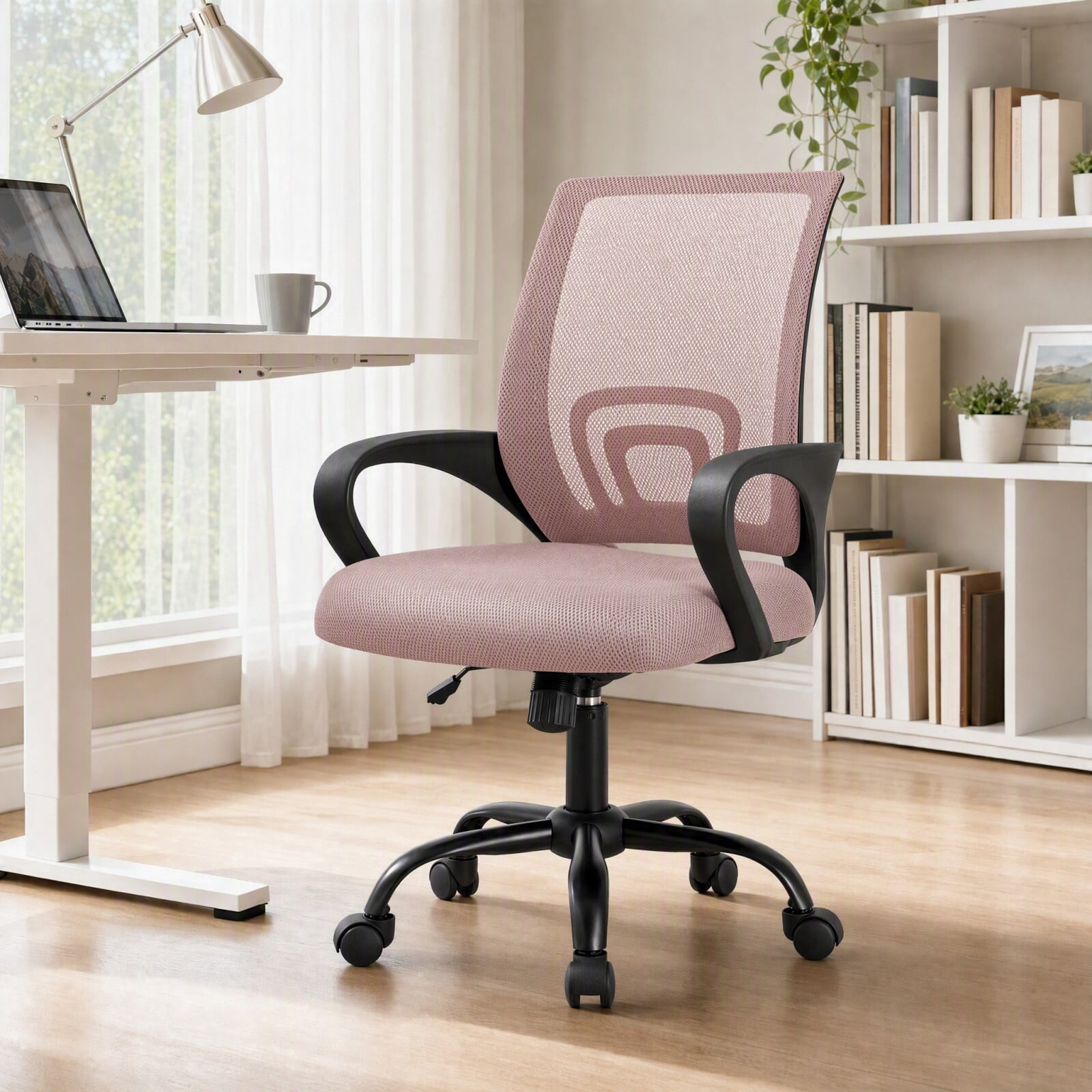 Kelno Mid-Back Mesh Office Chair 250lb Capacity Ergonomic Desk Chair with Lumbar Support Adjustable Height Rocking Task Chair, Pink