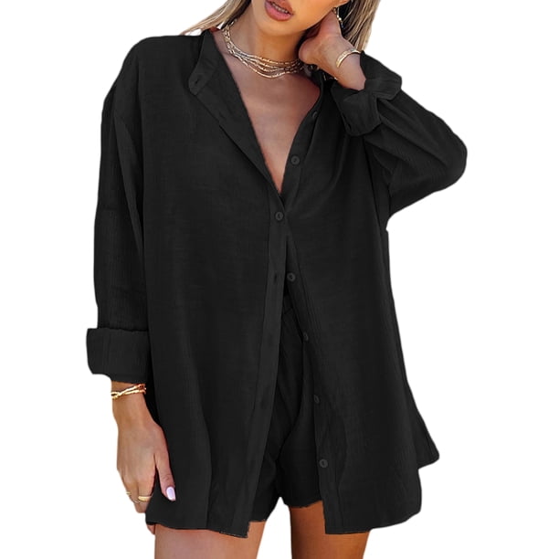 Txlixc Blusa de manga larga de color sólido y pantalones cortos de cintura elástica Txlixc moda