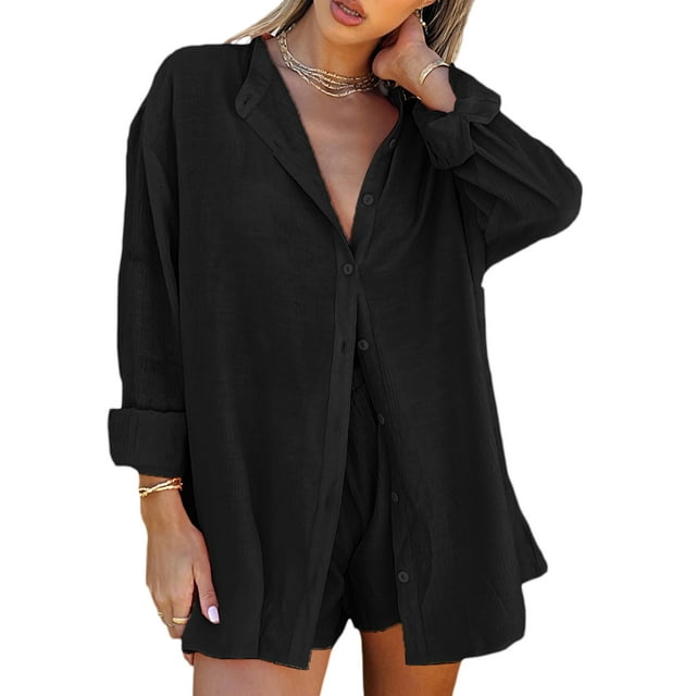 VISgogo Traje de pantalón de dos piezas para mujer, blusa de manga larga de color sólido y pantalones cortos de cintura elástica con cordón VISgogo moda