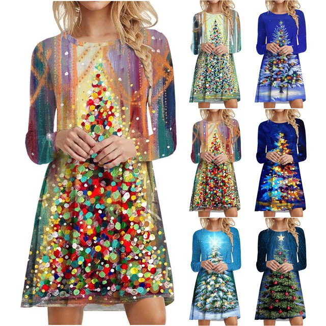 pstuiky Robes Maxi pour Femmes, Mode pour Femmes Noël Robe à Imprimé Arbre de Noël à Manches Longues à Col Rond Robes de Retour à la Maison Soldes