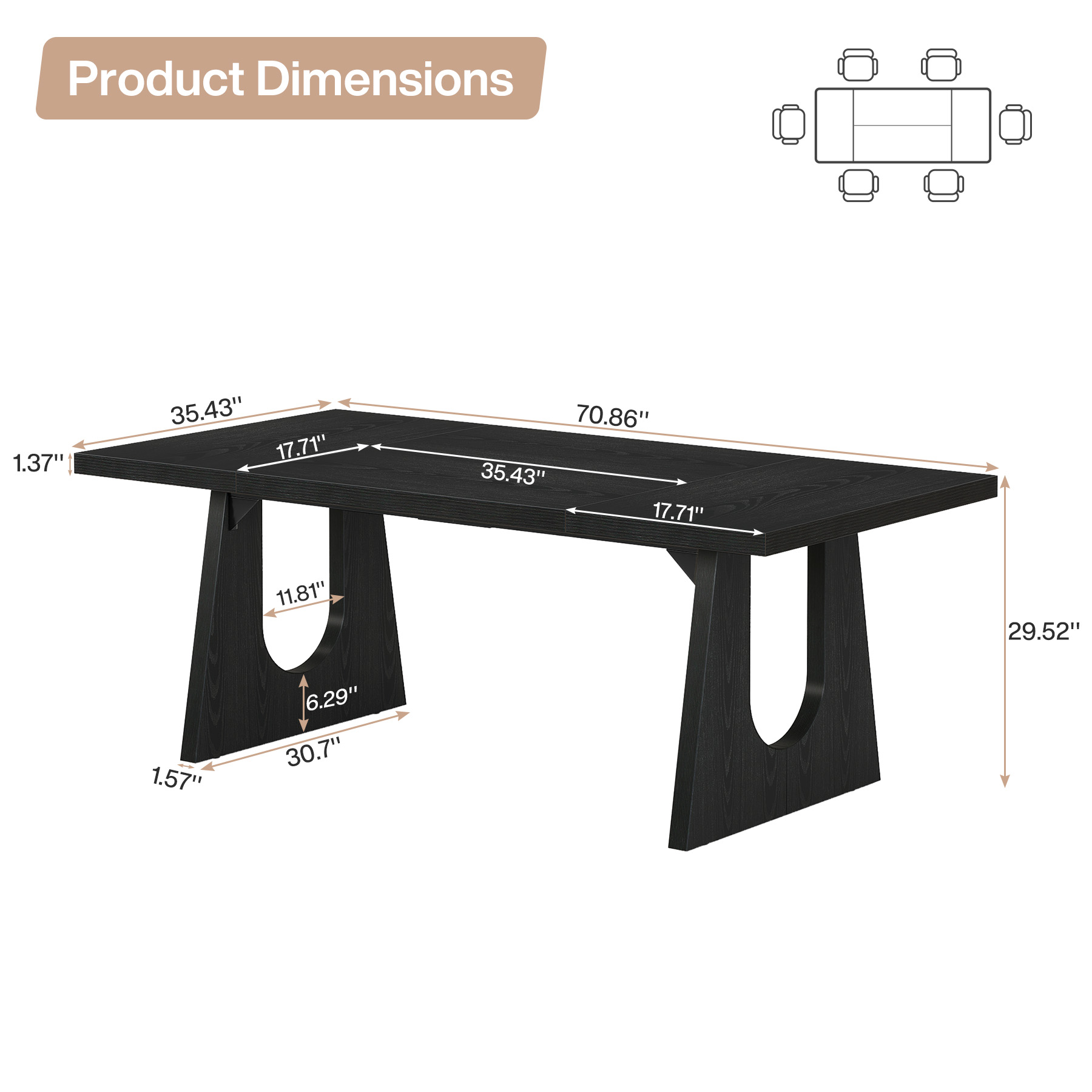 Fnova 70.9" Rectangular Dining Table for 6-8 People, Large Farmhouse Wood Kitchen Table with Heavy Duty Legs, Easy to Assemble