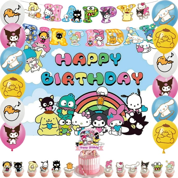 Sanrio Family Theme Cartoon style Birthday Decoration Kits，Party Supplies Including Banner, Balloons, Cake Toppers, Cupcake Toppers，Background Flag.