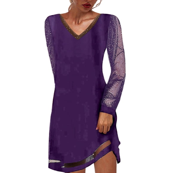 Gspmoly Women Dresses, Women'S Casual Solid Color Mesh Long Sleeved V-Neck Dress Formal Dresses for Women Deals of The Day