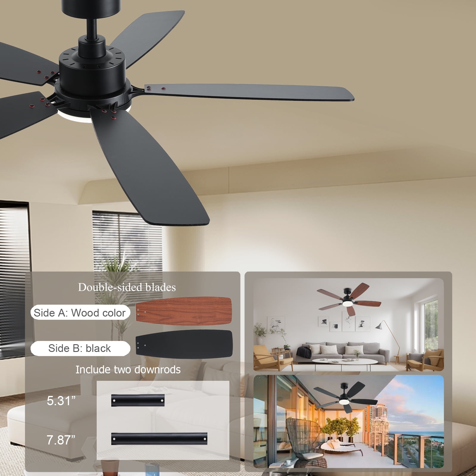 Low Profile Ceiling Fan with Lights, 52 inch Modern Brown Ceiling Fans with Lights APP/Remote Control,6 Speeds Ceiling Fan Light for Indoor/Outdoor Patio Bedroom Living Room