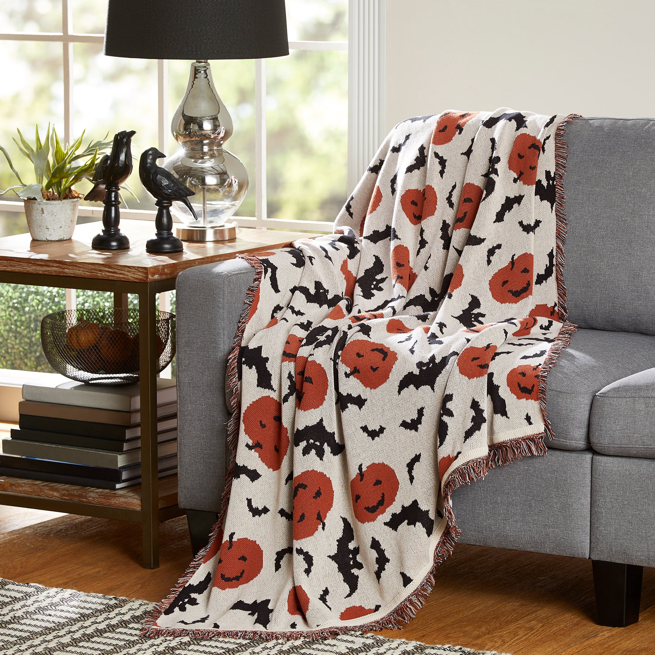 Way To Celebrate Halloween Pumpkins & Bats Jacquard Knitted Tapestry Throw, 50 in x 60 in