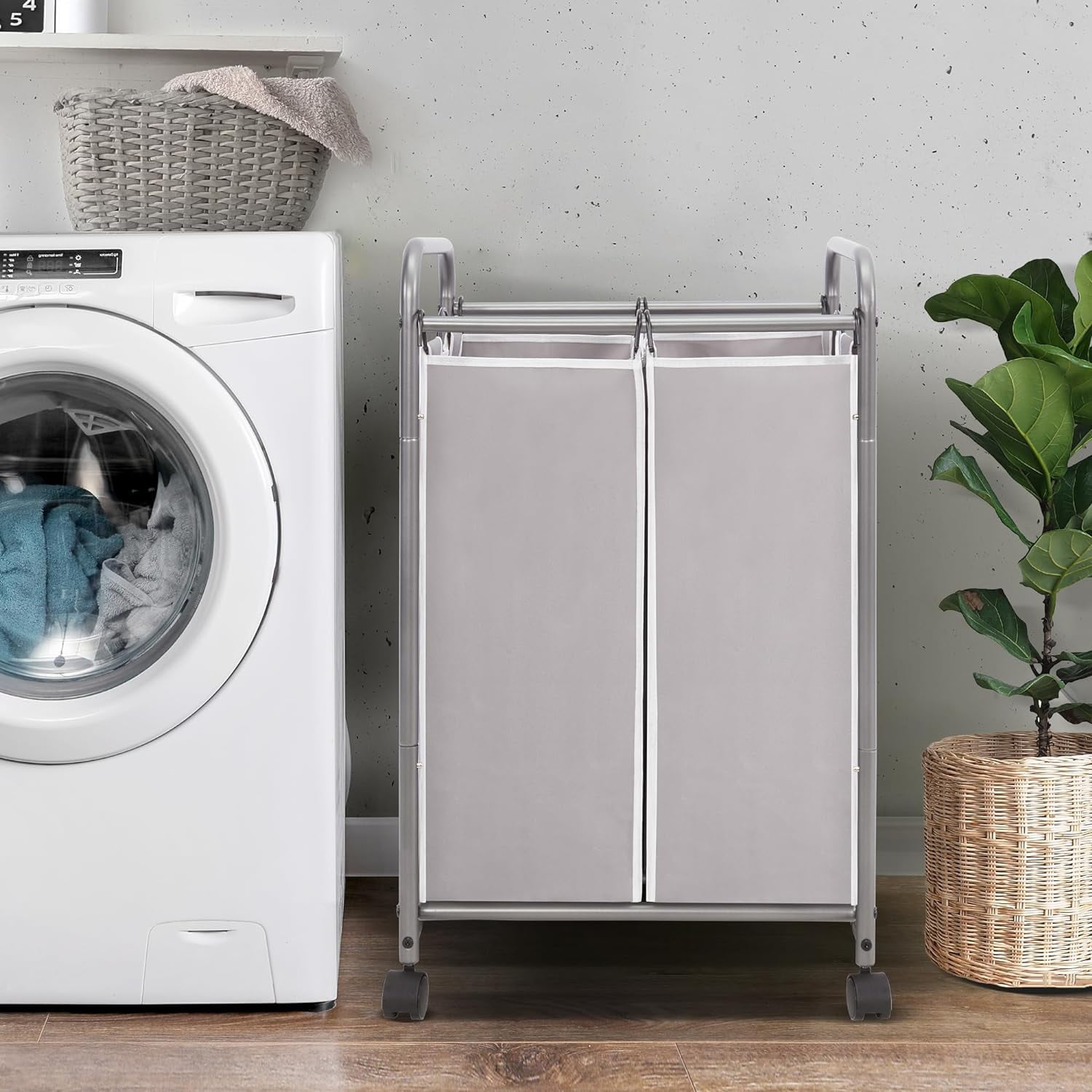 90L Gray 2-Section Laundry Sorter - Rolling Hamper Cart with Wheels & Removable Bags for Closet & Dorm