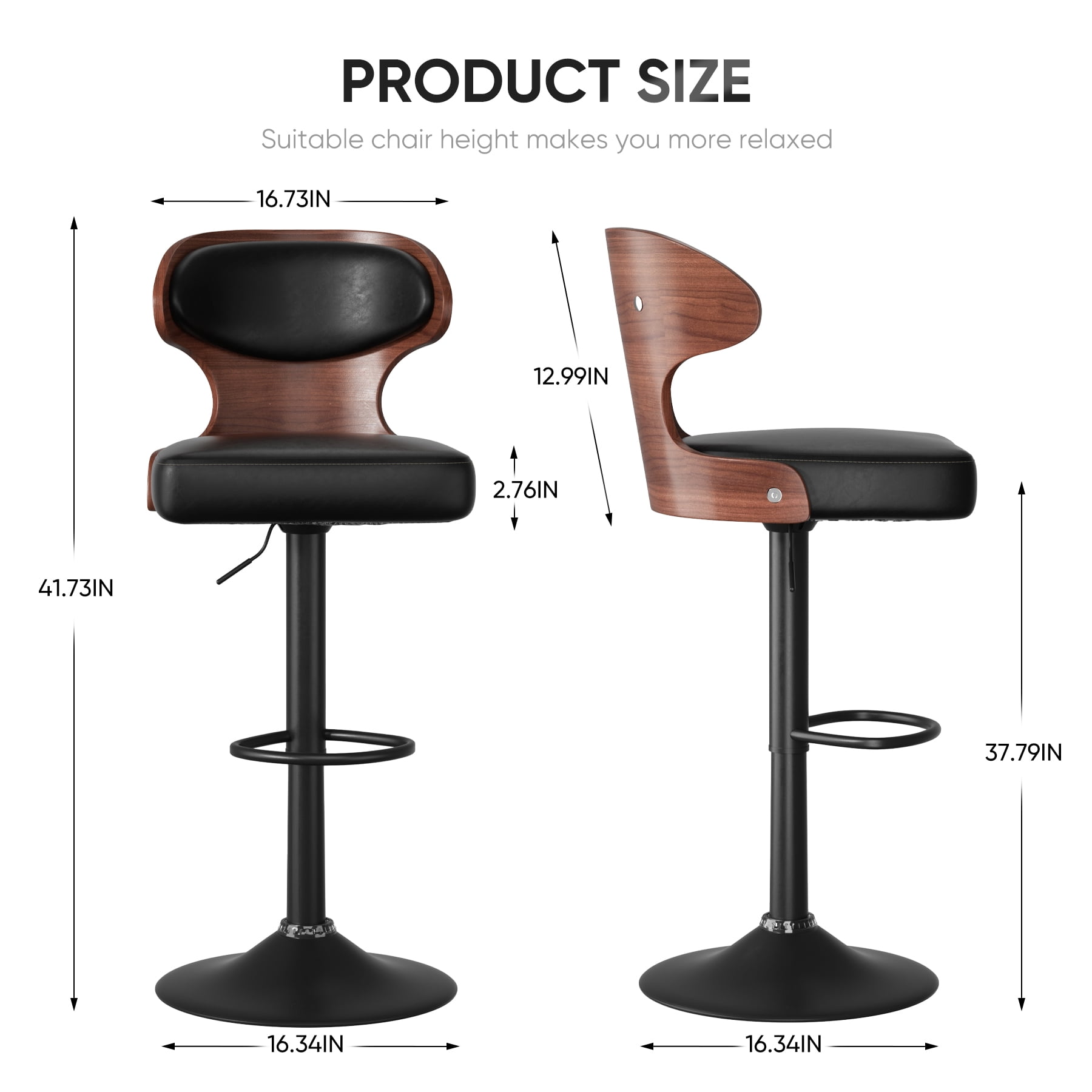 Hawsaiy Bar Stools Set of 1, Adjustable Height 24.5"-33.5", Bentwood Swivel Barstools with Back & Footrest, PU Leather Upholstered Bar Chairs for Kitchen Island, Dining Room, Home Bar