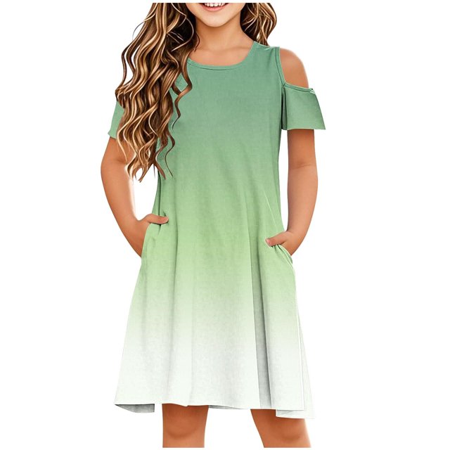 Swstbby Liquidation d'Économies d'Été 2025! Robe d'Été pour Filles, Robe Sans Manches Extensible pour Filles, Robe Trapèze Tournoyante Style Patineuse pour Récital d'École, Robe à Manches Courtes à Col Rond Verte 13-14 Ans