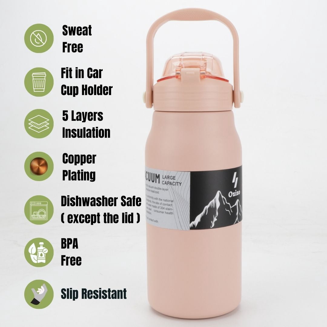 2 Ozizo 44 oz Insulated Stainless Steel Water Bottle with Lid, Straw, Mixing Ball and Handle (Black and Pink)