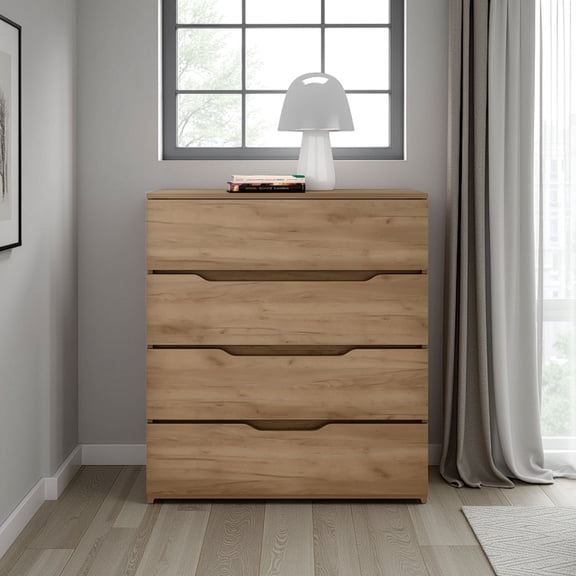 Ultra-Modern 4-Drawer Bedroom Dresser - Natural Oak Finish Chest of Drawers for Clothes Storage