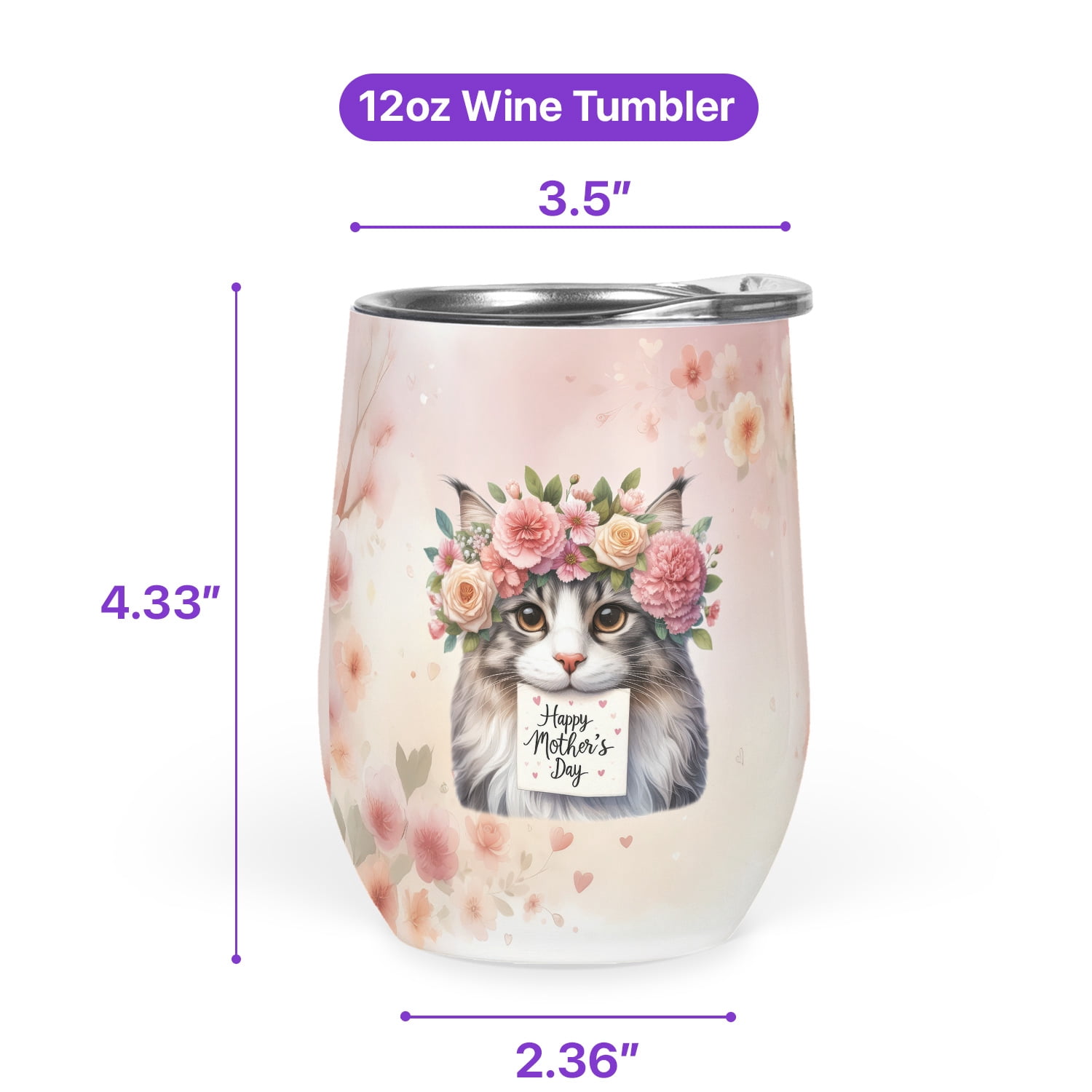 Happy Mother's Day Maine Coon with Flower Crown and Greeting Card 12oz Stainless Steel Wine Tumbler Insulated Cup with Lid Cat Lover Kitten Owner Gifts - 13004