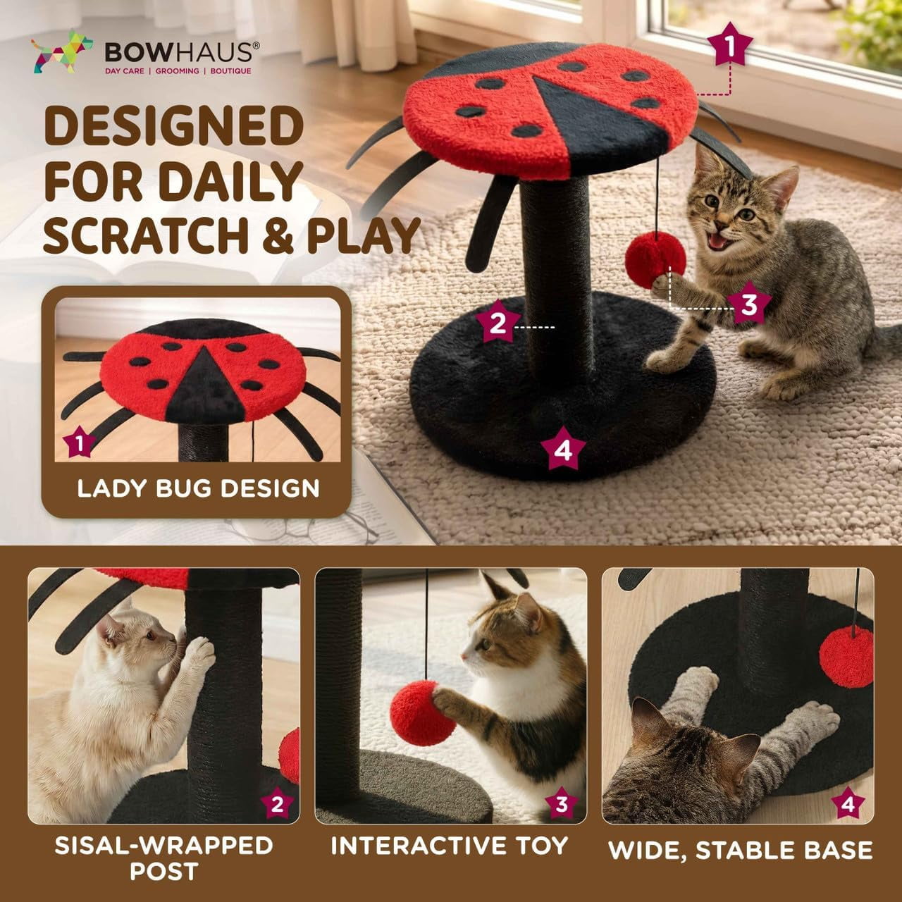 CAPHAUS Lady Bug-Style Cat Scratching Post, Cat Scratcher with Sisal Rope and Interactive Hanging Ball, 10 Inch Scratching Post for Indoor Cats and Kittens